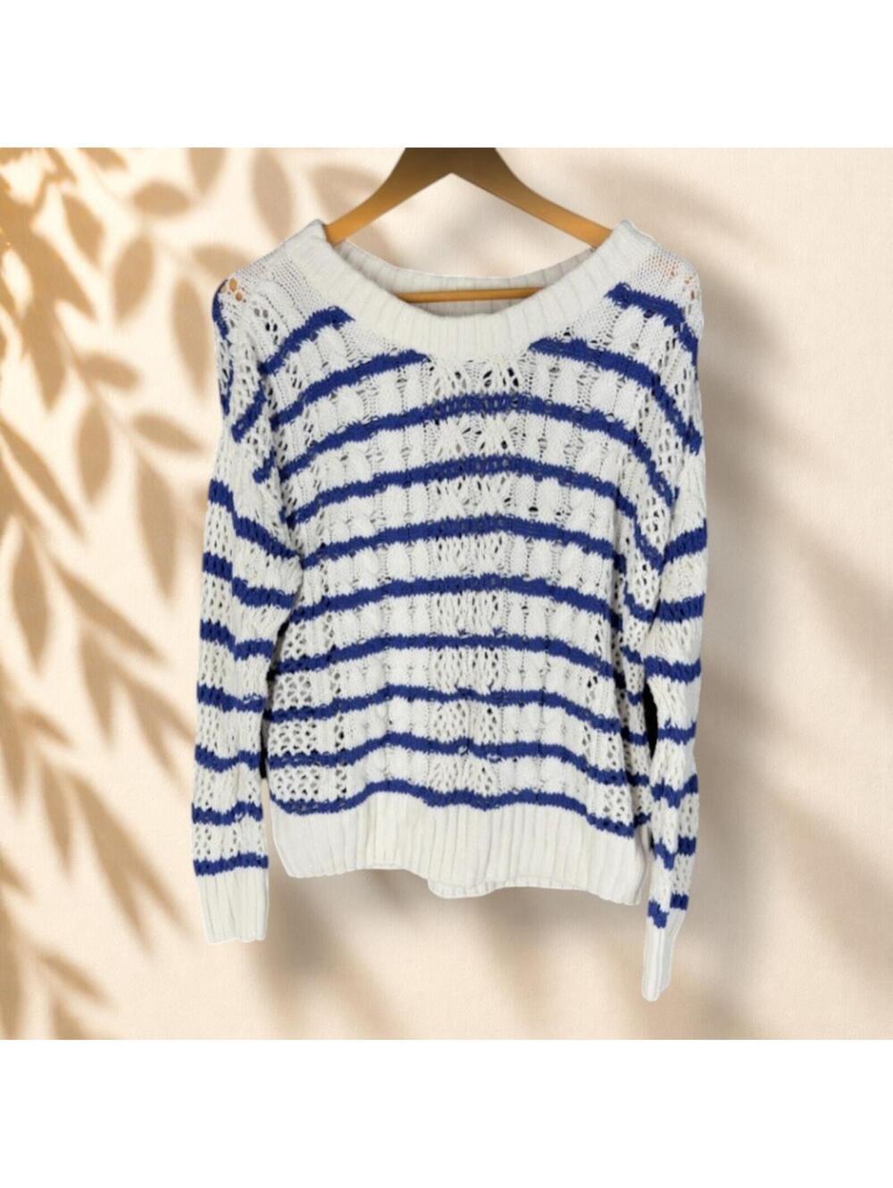 Sonoma Sweater Pullover Women M Medium White Striped Long Sleeve Knit Soft Cozy